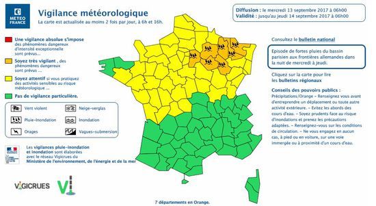 Sept départements ont été placés, mercredi 13 septembre, en vigilance orange "pluie-inondation".&nbsp; (METEO FRANCE)