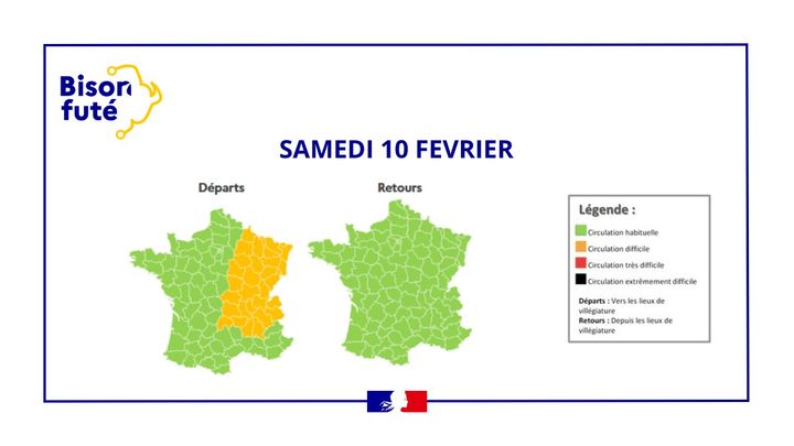 Les prévisions de circulation dans l'Hexagone le 10 février 2024, publiées par Bison Futé sur X. (BISON FUTE)