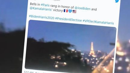 Capture écran d'un compte twitter qui affirme que les cloches ont sonné à Paris pour la victoire de Joe Biden.&nbsp; (CAPTURE ECRAN TWITTER)