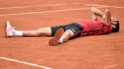 Novak Djokovic au sol après sa victoire en finale de Roland-Garros aux dépens d'Andy Murray (PHILIPPE LOPEZ / AFP)