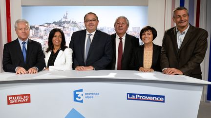 (De G &agrave; D) Eug&egrave;ne Caselli, Samia Ghali, Patrick Menucci, Henri Jibrayel, Marie-Arlette Carlotti et Christophe Masse, candidat &agrave; la primaire PS pour les municipales &agrave; Marseille, le 12 septembre 2013.&nbsp; (ANNE-CHRISTINE POUJOULAT / AFP)