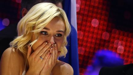 Polina Gagarina, la candidate de la Russie, attend les r&eacute;sultats de l'Eurovision, le 23 mai 2015 &agrave; Vienne (Autriche). (LEONHARD FOEGER / REUTERS)