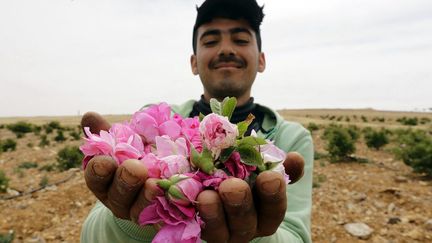 Une photo à plusieurs entrées qui raconte une Syrie en guerre avec des poches de survie : un sourire, un geste généreux, une offrande et une question sous-jacente: que se passe-t-il au loin derrière ce désert rocailleux ? La rose de Damas, cette fleur aux trente pétales, fait partie de l’histoire de la Syrie. Exportée vers l’Europe dès le Moyen-Âge pour son parfum et ses vertus thérapeutiques, la célèbre rose, citée par Shakespeare, a vu sa production diminuer drastiquement à cause des déplacements de population fuyant les combats. Cette photo montre que la vie continue, renaît, que la fleur éclot malgré tout.  (LOUAI BESHARA / AFP - Mai 2016)