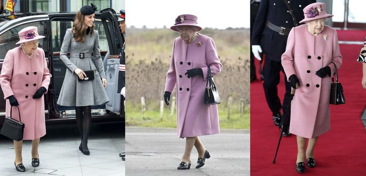 ( De gauche à droite) La reine Elizabeth II avec Kate Middleton le 19 mars 2019 ; la reine le 15 novembre 2020 ; Elizabeth II le 14 novembre 2021.&nbsp; (KARWAI TANG ; BEN STANSALL / POOL / AFP ; GEOFF CADDICK / AFP;)