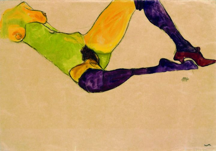 Egon Schiele: Nu incliné en bas violets. 1910. Gouache,aquarelle et crayon noir. 449 x 316 mm.
 (Richard Nagy Ltd, London.)