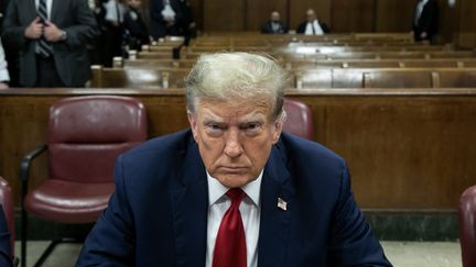 L'ancien président américain Donald Trump assiste au premier jour de son procès pour avoir prétendument couvert des paiements occultes liés à des affaires extraconjugales, au tribunal pénal de Manhattan à New York, le 15 avril 2024. (MICHAEL NAGLE / POOL / AFP)