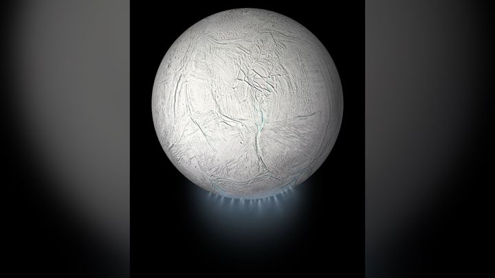 Vue d'artiste d'Encelade, avec son panache de vapeur d'eau. (Illustration) (NASA / JPL / CALTECH)