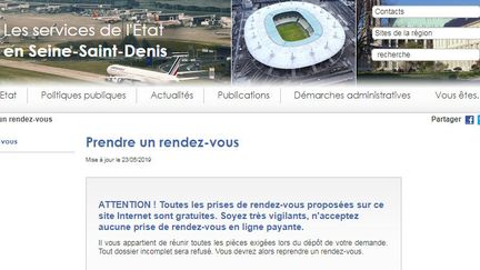 Le site internet de la préfecture de Seine-Saint-Denis met en garde contre les "prise de rendez-vous en ligne payante". Capture d'écran du message d'alerte.&nbsp; (CAPTURE D'ÉCRAN)