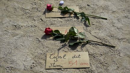 Des roses sont déposées au sol en hommage aux sans-abri décédés en 2023, le 19 mars 2024, à Paris, lors d'un rassemblement du collectif Les Morts de la rue. (MAGALI COHEN / HANS LUCAS / AFP)