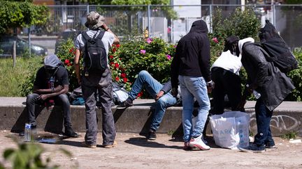 Depuis la mi-mai 2021, les consommateurs de crack, chassés des rues du quartier Stalingrad, à Paris, se regroupaient dans les jardins d'Eole, comme ici, le 29 mai.&nbsp; (ALEXIS SCIARD / MAXPPP)