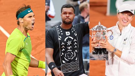 Rafael Nadal, Jo-Wilfried Tsonga et Iga Swiatek ont marqué la quinzaine. (JEAN CATUFFE / DPPI VIA AFP / VICTOR JOLY / DPPI VIA AFP / IBRAHIM EZZAT / NURPHOTO VIA AFP)