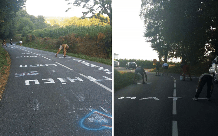 Des supporters du coureur Matthieu Ladagnous pr&eacute;parent le passage du peloton, &agrave; la veille de la 11e &eacute;tape du Tour de France 2015, dans les Pyr&eacute;n&eacute;es-Atlantiques. (K. BERGOULI / DR)