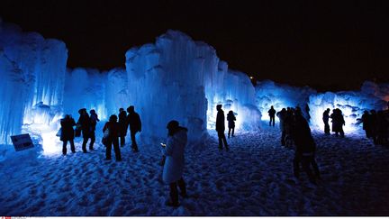 Des visiteurs dans le château de glace d'Edmonton (Canada), mercredi 30 décembre 2015. (JASON FRANSON/AP/SIPA / AP)