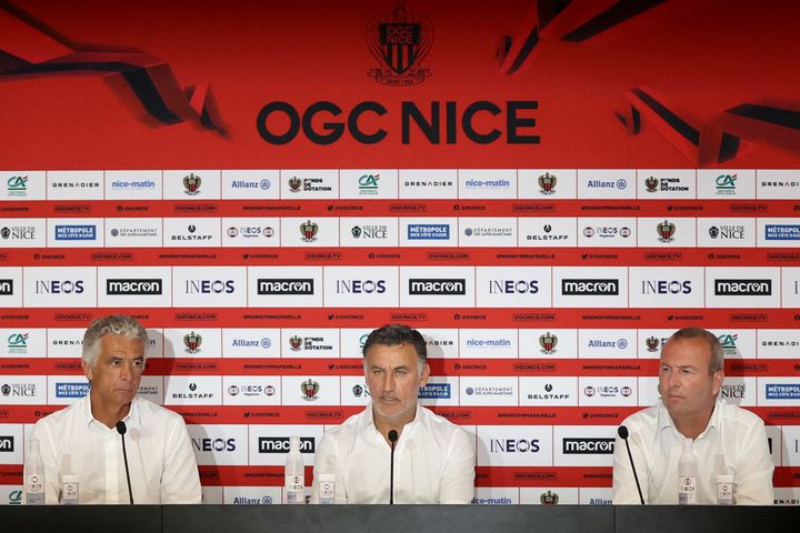 Jean-Pierre Rivère, Christophe Galtier et Julien Fournier en conférence de presse, le 29 juin 2021. (VALERY HACHE / AFP)