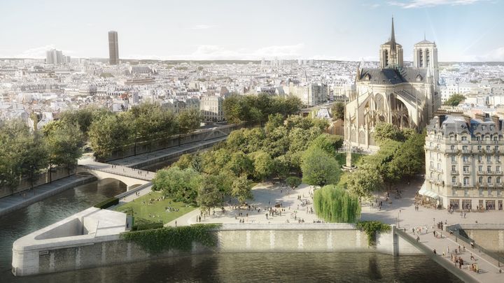 Projet d'aménagement de la pointe de l'île de la Cité par Bas Smets. La séparation entre le square de l'Ile-de-France et le jardin de l'Archevêché est enlevée. (VILLE DE PARIS / STUDIO ALMA / GROUPEMENT BBS)