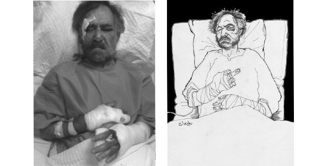 Ali Ferzat sur son lit d&#039;hôpital en août, et l&#039;hommage d&#039;un autre caricaturiste à droite.
 (AP/Sipa)