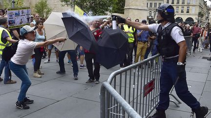 BORDEAUX. En France, comme ici à Bordeaux, la situation s'est parfois tendue dans les cortèges.&nbsp;Cette&nbsp;manifestante se protège d'un spray au poivre utilisé par un policier en marge d'une marche pour le climat à laquelle se sont mêlés des "gilets jaunes", le 21 septembre 2019. (GEORGES GOBET / AFP)