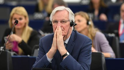 Le négociateur en chef de l'Union européenne sur le Brexit, Michel Barnier, lors d'un débat au Parlement européen à Strasbourg (Bas-Rhin), le 17 avril 2019. (MAXPPP)