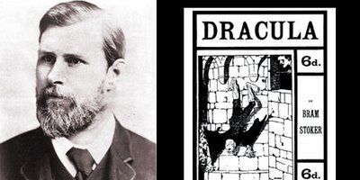 Portrait de Bram Stoker à côté d'une illustration de son roman "Dracula"
 (DR)