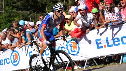 Thibaut Pinot (Groupama-FDJ) dans l'ascension de la Planche des Belles Filles, le 8 juillet 2022. (THOMAS SAMSON / AFP)