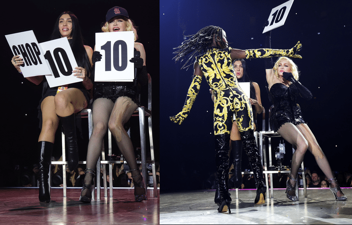 Madonna avec ses filles, Lourdes et Estere, sur la scène de l'O2 Arena de Londres lors de la soirée d'ouverture du "Celebration Tour", le 14 octobre 2023. (KEVIN MAZUR / WIREIMAGE)