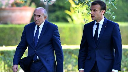 Gérard Collomb et Emmanuel Macron lors d'un déplacement au Vatican, le 26 juin 2018.&nbsp; (ALBERTO PIZZOLI / AFP)