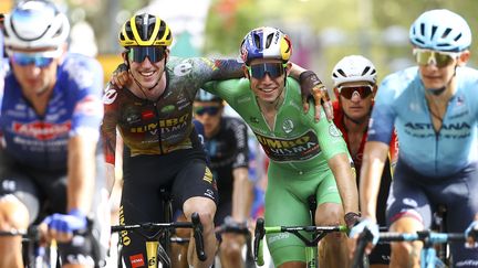 Nathan van Hooydonck et Wout van Aert à l'arrivée de la 19e étape du Tour de France, le 22 juillet 2022, à Cahors. (DAVID PINTENS / AFP)