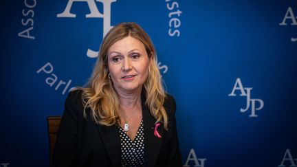 La présidente de l'Assemblée nationale, Yaël Braun-Pivet, lors d'une conférence de presse, à Paris, le 2 octobre 2024. (XOSE BOUZAS / HANS LUCAS / AFP)