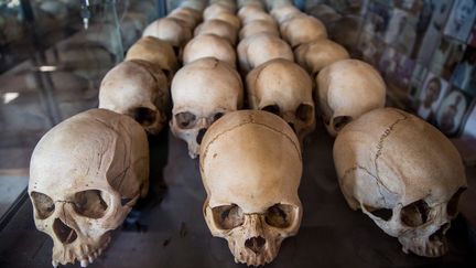 Cette photo prise le 22 mars 2019 montre des crânes de victimes du génocide rwandais de 1994 au Mémorial du génocide de Ntarama, à Kigali. (JACQUES NKINZINGABO / AFP)