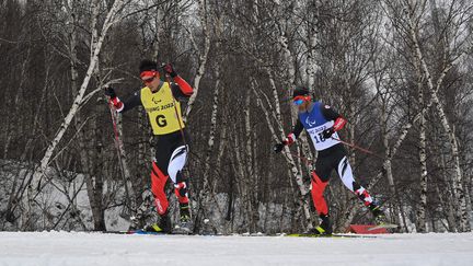 Brian McKeever et son guide Graham Nishikawa lors de l'épreuve de ski de fond moyenne distance (catégorie déficient visuel) des Jeux paralympiques de Pékin, le 12 mars 2022. (MOHD RASFAN / AFP)