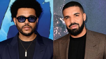 A gauche, The Weeknd à Los Angeles (Etats-Unis) le 12 décembre 2022, à droite Drake à Los Angeles (Etats-Unis) le 4 juin 2019. (FRAZER HARRISON / WIRE IMAGE / GETTY - KEVIN WINTER / GETTY IMAGES)