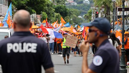 Des policiers lors de la manifestation contre la réforme des retraites à Saint-Denis de la Réunion le 19 janvier. (RICHARD BOUHET / AFP)