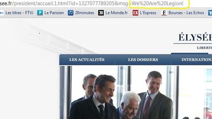 Le site de L'Elys&eacute;e a &eacute;t&eacute; pirat&eacute; vendredi 20 janvier 2012. "We Are Legion" est le slogan du collectif de hackers Anonymous. (FTVI&nbsp;)