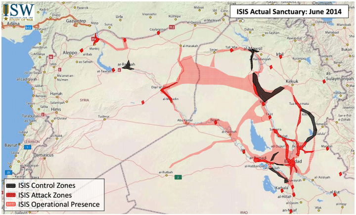 Carte datant de juin 2014. Les territoires sous le contrôle effectif de l'Etat Islamique sont en noir, ses zones opérationnelles en rose et ses zones d'attaques en rouge. (Institute for the study of war)