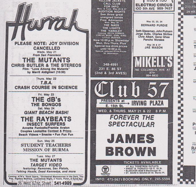 Dans cet&nbsp;encart paru dans le "Village Voice", le club new yorkais Hurrah annonçait l'annulation du concert de Joy Division prévu le 21 mai 1980, et le maintien du concert des Mutants et de la projection du film "Love Among the Mutants" de Merrill Aldighieri. (ARCHIVES DE MERRILL ALDIGHIERI)