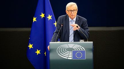 Le président de la Commission européenne, Jean-Claude Juncker, délivre son discours de fin de mandat au Parlement européen à Strasbourg (Bas-Rhin), le 22 octobre 2019. (PHILIPP VON DITFURTH / DPA / AFP)