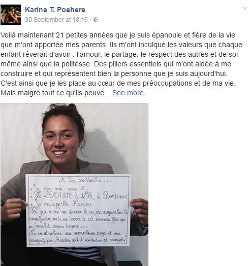 Capture écran du compte Facebook de Karine T.Poehere, lundi 17 octobre 2016. (KARINE T.POEHERE)