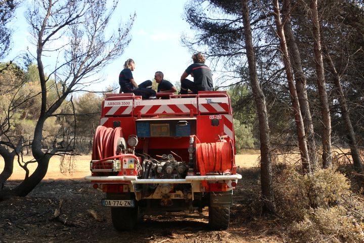 Une équipe de surveillance à l'affût d'une éventuelle fumerolle ou d'une reprise de feu à Carro (Bouches-du-Rhône), samedi 29 juillet. (VALENTINE PASQUESOONE/FRANCEINFO)