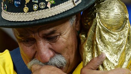 L'image de cet homme &eacute;mu aux larmes a fait le tour du monde, apr&egrave;s la d&eacute;faite du Br&eacute;sil face &agrave; l'Allemagne (7-1), le 8 juillet &agrave; Belo Horizonte. Clovis Fernandes&nbsp;incarne &agrave; lui seul la d&eacute;ception du pays. (ALEXEY FILIPPOV / RIA NOVOSTI / AFP)