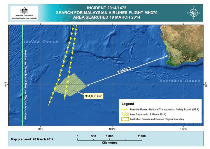 La zone de recherches australienne, sur le site de l'Autorit&eacute; australienne de s&eacute;curit&eacute; maritime (AMSA), jeudi 20 mars 2014.&nbsp; (AMSA.GOV.AU)