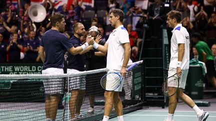 Le double français après sa défaite contre l'Angleterre, le 17 septembre 2023 à Manchester. (DARREN STAPLES / AFP)