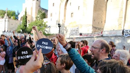 &nbsp; (Rassemblement des intermittents devant le Palais des papes pour protester contre la convention sur l'assurance chômage © MAXPPP / Le Dauphiné libéré)