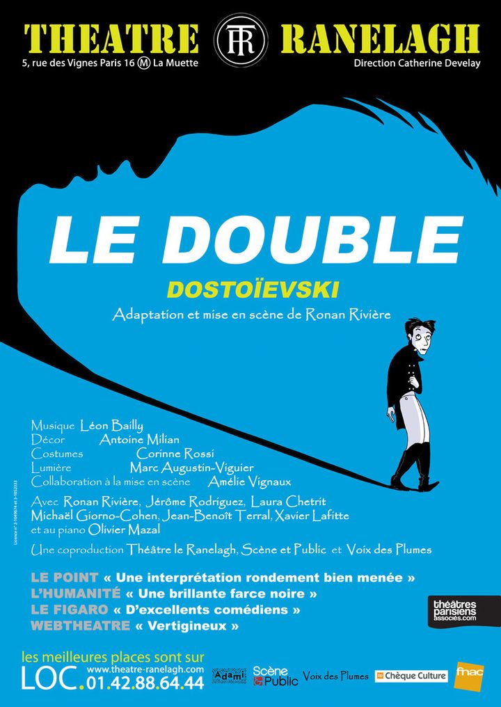 L'affiche de "Le Double", d'après Fiodor Dostoëivski, adaptation par Ronan Rivière, au Théâtre Ranelagh à Paris jusqu'au 12 janvier 2020.&nbsp; (Théâtre Ranelagh)