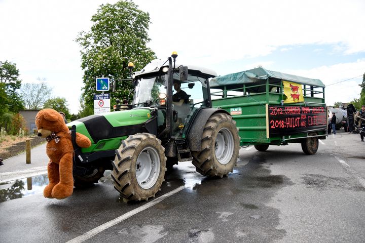 Des manifestants contre l'introduction des ours dans le Béarn ont défilé à Pau (Pyrénées-Atlantiques), le 30 avril 2018. (LAURENT FERRIERE / HANS LUCAS / AFP)