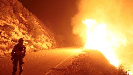 Un pompier surveille l'incendie baptisé "Cabin Fire" qui a fait rage dans la Forêt nationale Angeles près de Los Angeles le 14 août. Trente&nbsp;feux ont ravagé les Etats-Unis cet été à cause de la sécheresse qui sévit dans l'état. (JONATHAN ALCORN / REUTERS)