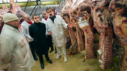 Nicolas Sarkozy lors d'une visite au pavillon boucherie de Rungis&nbsp;(Val-de-Marne), le 21 f&eacute;vrier 2012. (LIONEL BONAVENTURE / AFP)