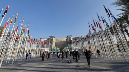 Des personnes visitent le site abritant le sommet des Nations unies sur le climat à Dubaï, le 10 décembre 2023. (GIUSEPPE CACACE / AFP)