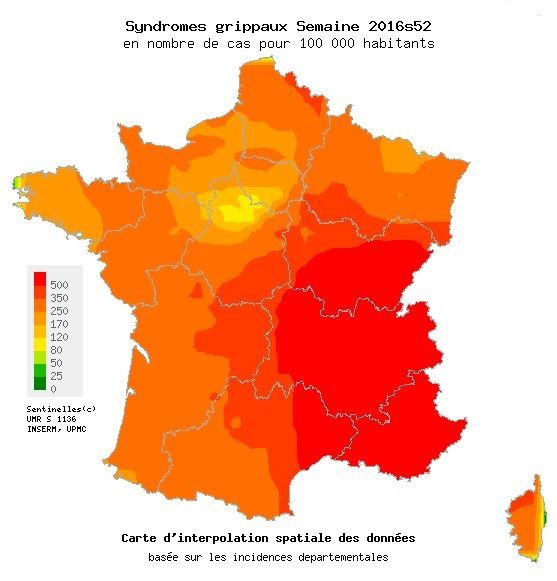 Carte établie par le réseau de surveillance Sentinelles, avec les données recueillies lors de la dernière semaine de l'année 2016. (RÉSEAU SENTINELLES)