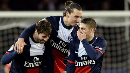 Maxwell, Zlatan Ibrahimovic et Marco Verratti, trois joueurs du PSG, un club qui a passionn&eacute; les utilisateurs fran&ccedil;ais de Facebook en 2013. (FRANCK FIFE / AFP)