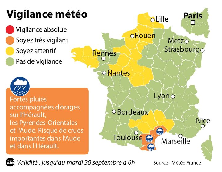 &nbsp; (Météo France annonce "un risque de crues importantes" dans l'Aude et l'Hérault © Idé)